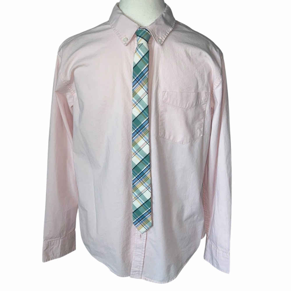 Old Navy Boys’ Pink Button Down Shirt W/ Plaid Necktie 14/16